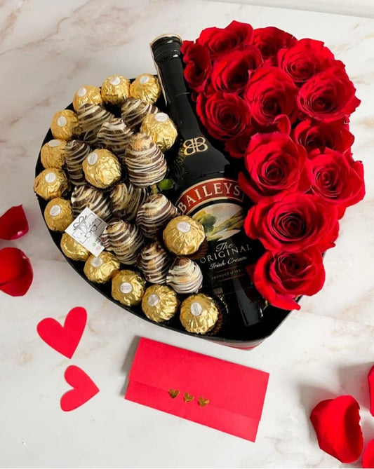 Caja Valantines de rosas, fresas con chocolate, Ferreros y Baileys