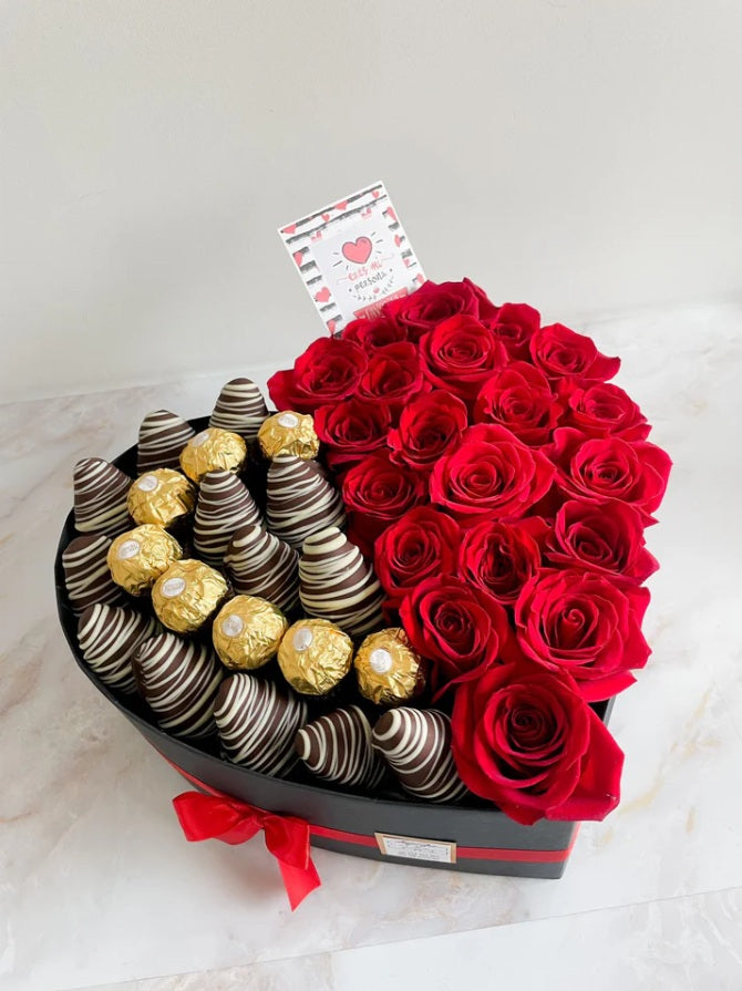 Caja Valantines de rosas, fresas con chocolate y Ferreros