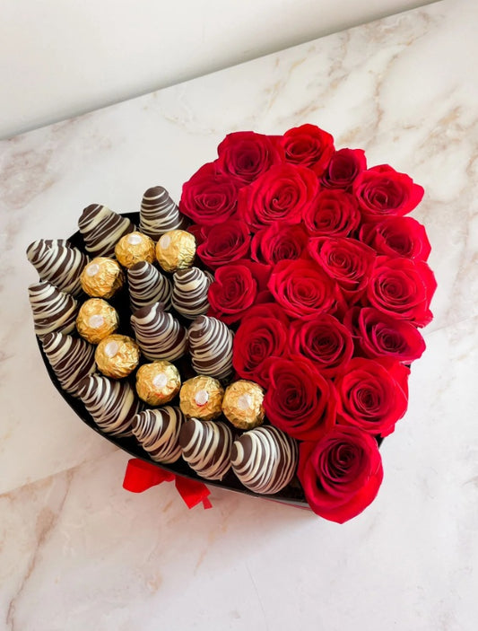 Caja Valantines de rosas, fresas con chocolate y Ferreros