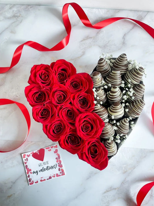 Caja Valantines de rosas y fresas con chocolate